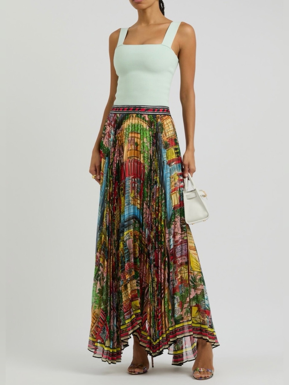 Alice + Olivia Multicolor Pleated Maxi Skirt with Green, Red, Blue & Yellow
